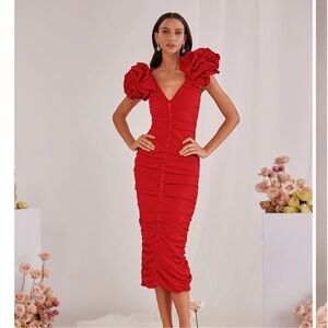 NWT Alamour The Label Monica Puff Sleeve Ruched Sheer Button Midi Dress …